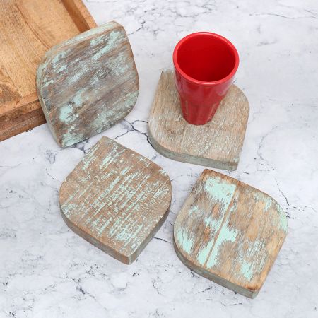 Antique Finish Handmade Wooden Coasters - Pack of 4